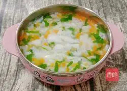 Illustration of how to make chicken rice flakes soup (baby food supplement) 12