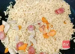 Illustration of how to make fried instant noodles with meatballs and sausages 16