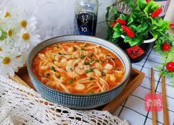 Illustration of tomato, enoki, mushroom and shrimp soup 16