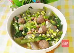 Winter melon, vegetables, peanuts and beef Illustration of how to make meatball soup 17