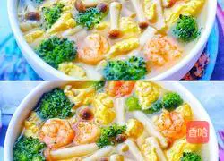Illustration of how to make broccoli, shrimp and mushroom soup 4