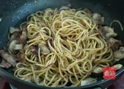 Illustration of fried pasta with black pepper, mushrooms and bacon 12