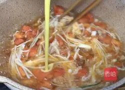 Illustration of making enoki mushroom, tomato and egg soup 11