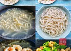 Illustration of how to make black pepper, shrimp, ham and udon noodles 1