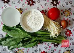 Illustration of tomato, enoki, and egg flakes soup 1