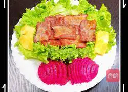 Illustration of Korean lettuce wraps with bacon and fresh fruit 10