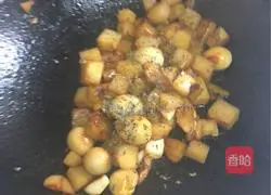 Illustration of three cups of potatoes and quail eggs 12