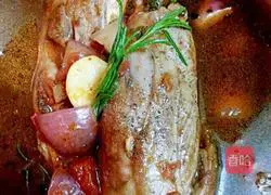 Illustration of red wine braised lamb shank with garlic mashed potatoes and vegetables 2