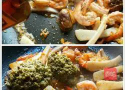 Illustration of how to make pasta (seafood pasta with pesto brandy) 8