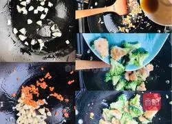 Cantonese style pan-fried grilled shrimps and broccoli stuffed with glue 7 illustrations