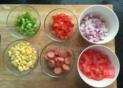 Illustration of how to make colorful pizza with ham, fresh vegetables and vegetables 1