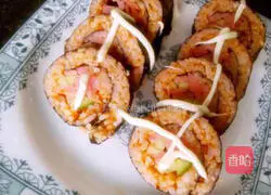 Illustration of Korean Bibimbap Sauce Cucumber and Ham Sausage Sushi Recipe 3