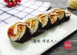Illustration of how to make spicy meat floss sushi 8