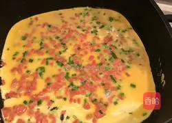 Illustration of how to make ham sausage, green onion and egg pancake 8