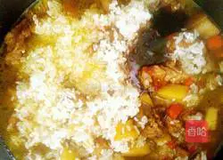 Illustration of braised pork, mushrooms and carrots with braised rice 8