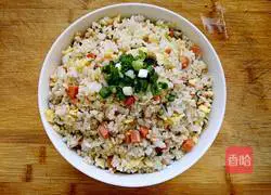 Illustration of how to make green onion, ham, sausage and egg fried rice 19