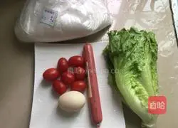 Illustration of how to make cherry tomatoes, eggs, ham, sausage, lettuce wraps 1