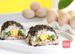 Illustration of how to make egg and salmon rice balls 13