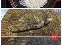 Illustration of how to make sweet potato and sausage claypot rice 1