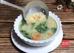 Illustration of how to make millet porridge with green vegetables, shrimp skin and millet 11